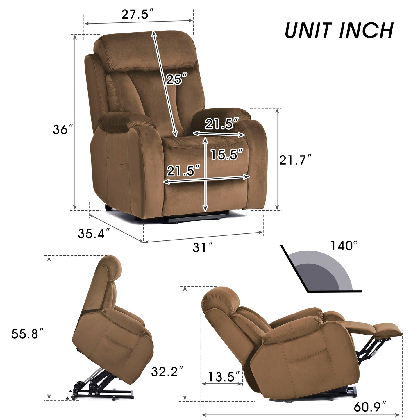Lift Chair Recliner Power Remote Control Recliner Sofa Relax Soft Chair Anti - Skid Australia Cashmere Fabric Furniture Living Room - Brown Home Essentials