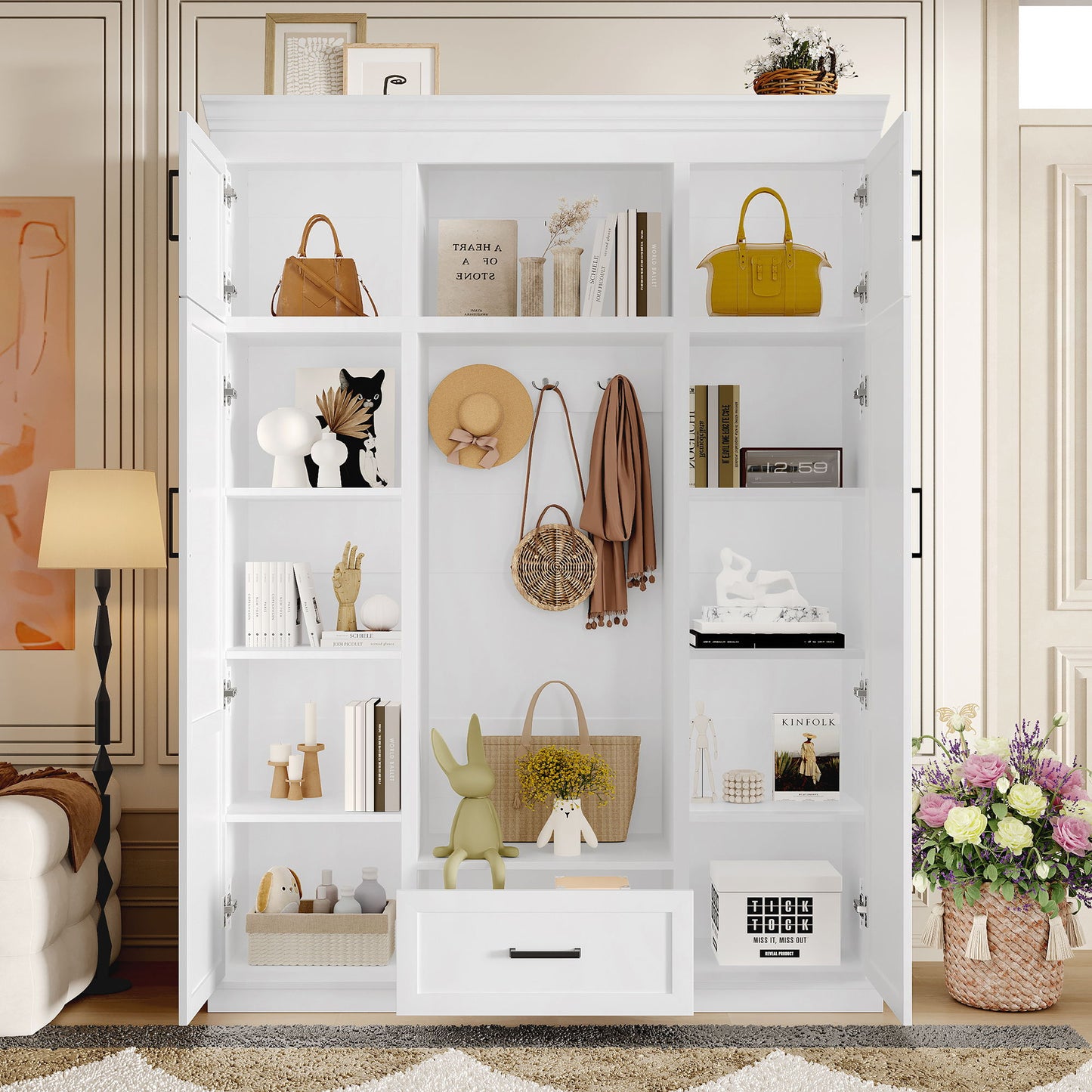 Hall Tree With Bench And 3 Hooks, Modern Entryway Storage Organizer Cabinet With 4 Doors, 1 Drawer And Adjustable Shelves Hearth and Haven