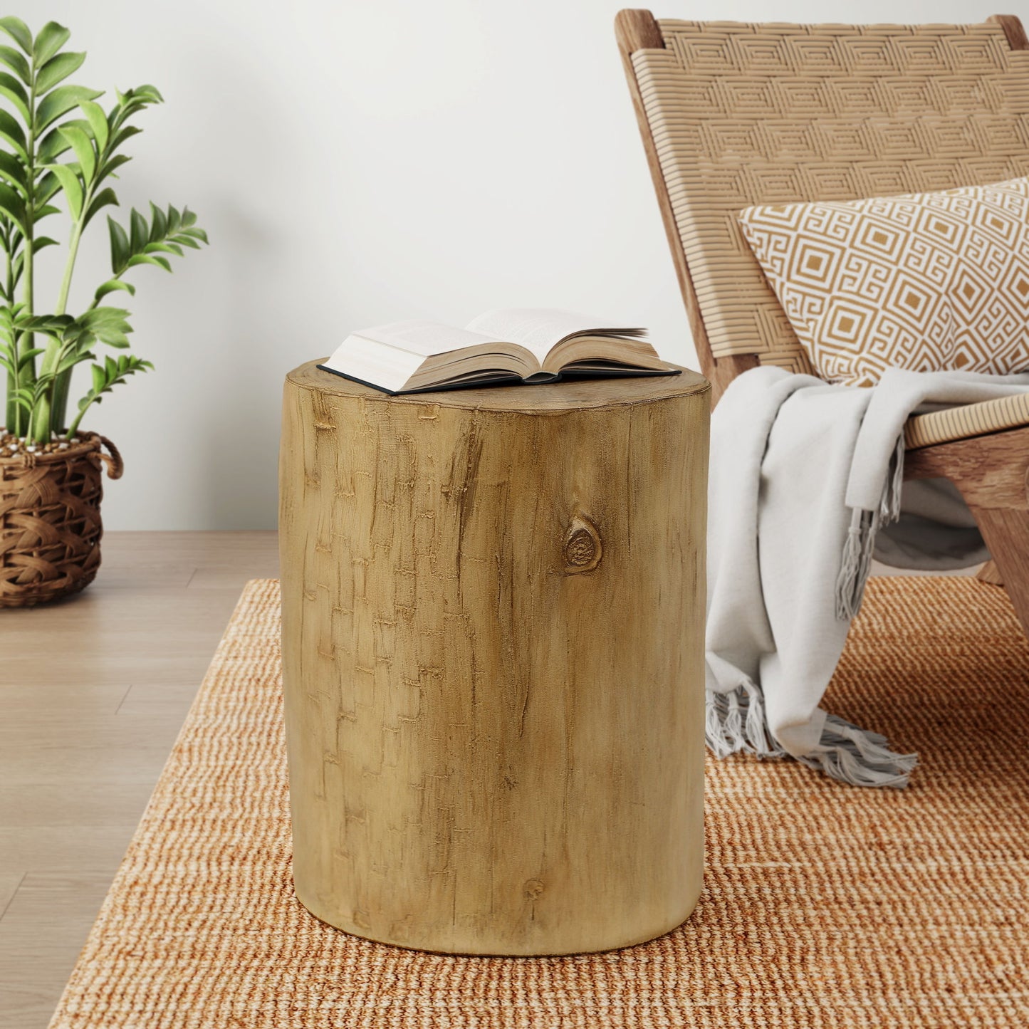 Hand Painted Wood Stump Style Outdoor Side Table - Light Brown Noble House