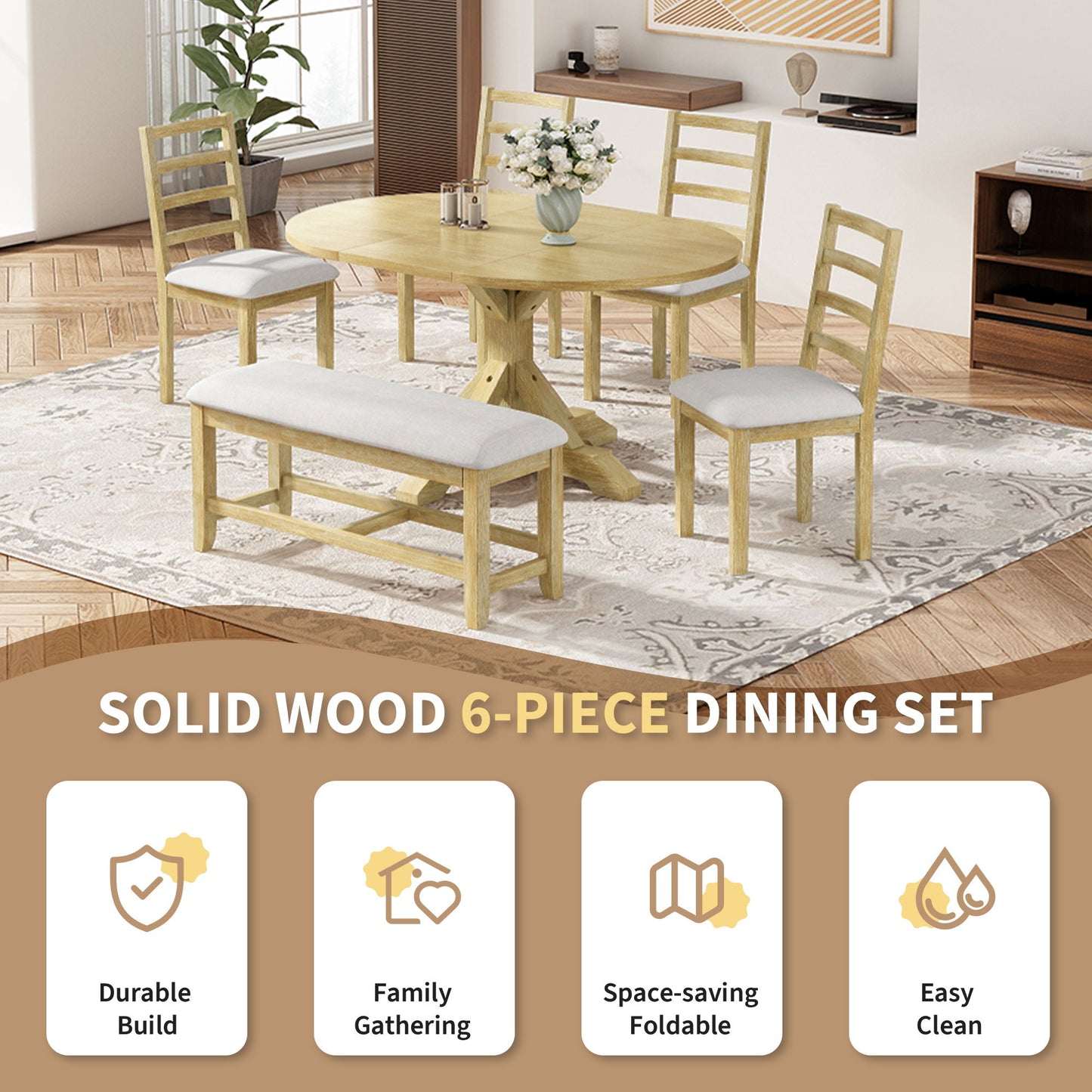 Topmax - 6 Piece Farmhouse Extendable Pedestal Dining Table Set With 18Inch Removable Leaf, Bench And 4 Ladder Back Dining Chairs Hearth and Haven