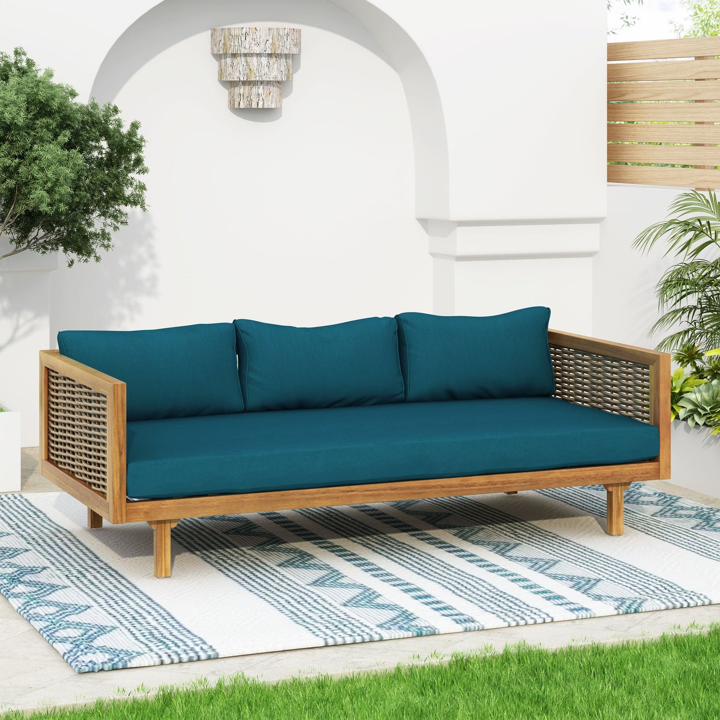Claremont - 3 Seater Daybed Teak Acacia Wood Water Resistant Cushions Noble House