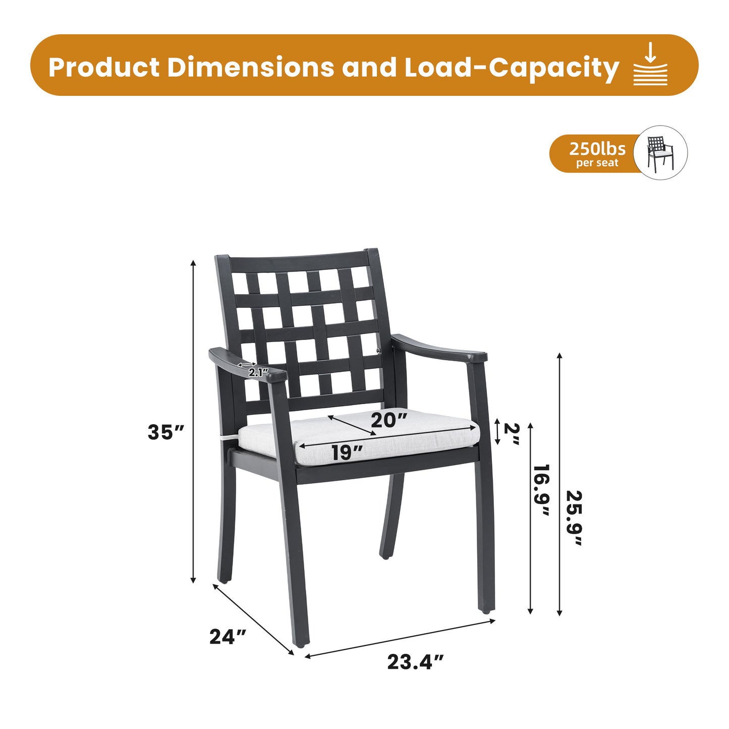 Modern Classic Cast Outdoor Patio Dining Chairs, Ergonomic Lattice Backrest Design, Sunbrella Cushion, Weather Resistant And Durable (Set of 2) - Ember Black Life Outside