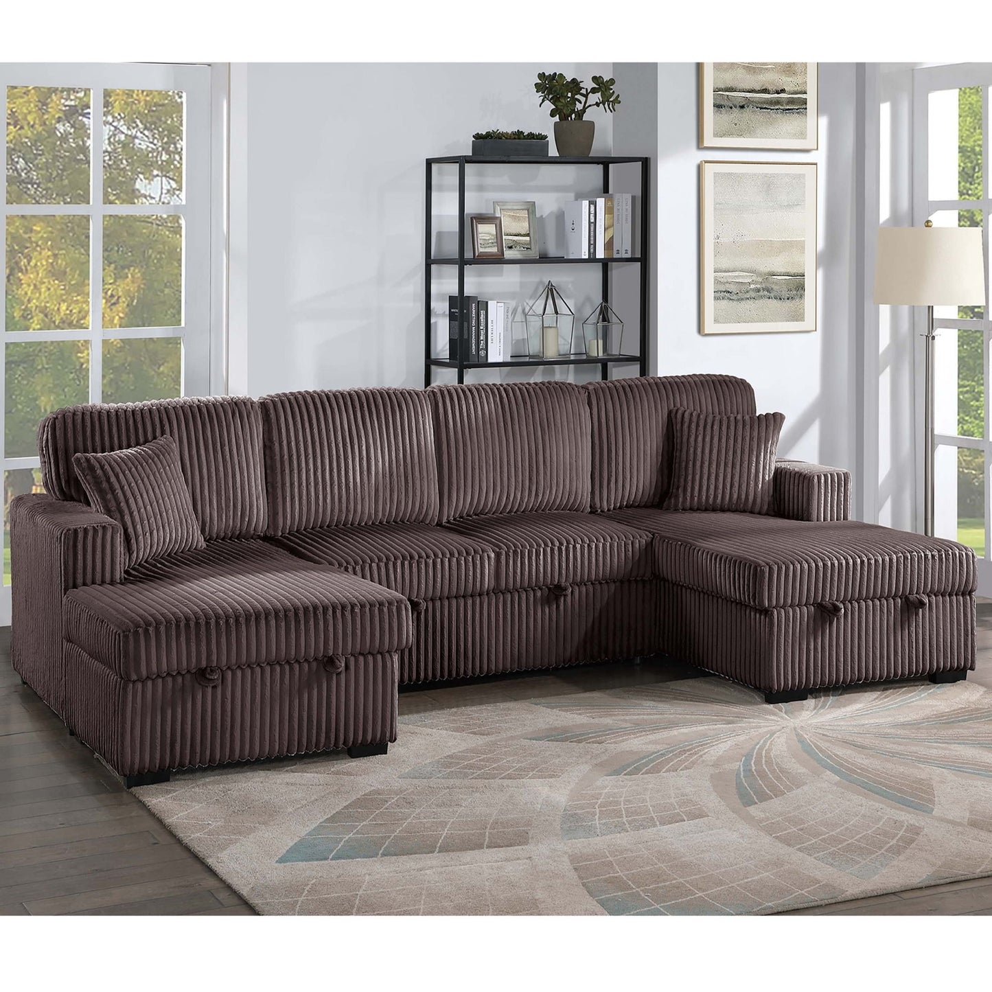 Convertible Sectional, Storage Chaises, Pull Out Middle Section - Chocolate Home Essentials