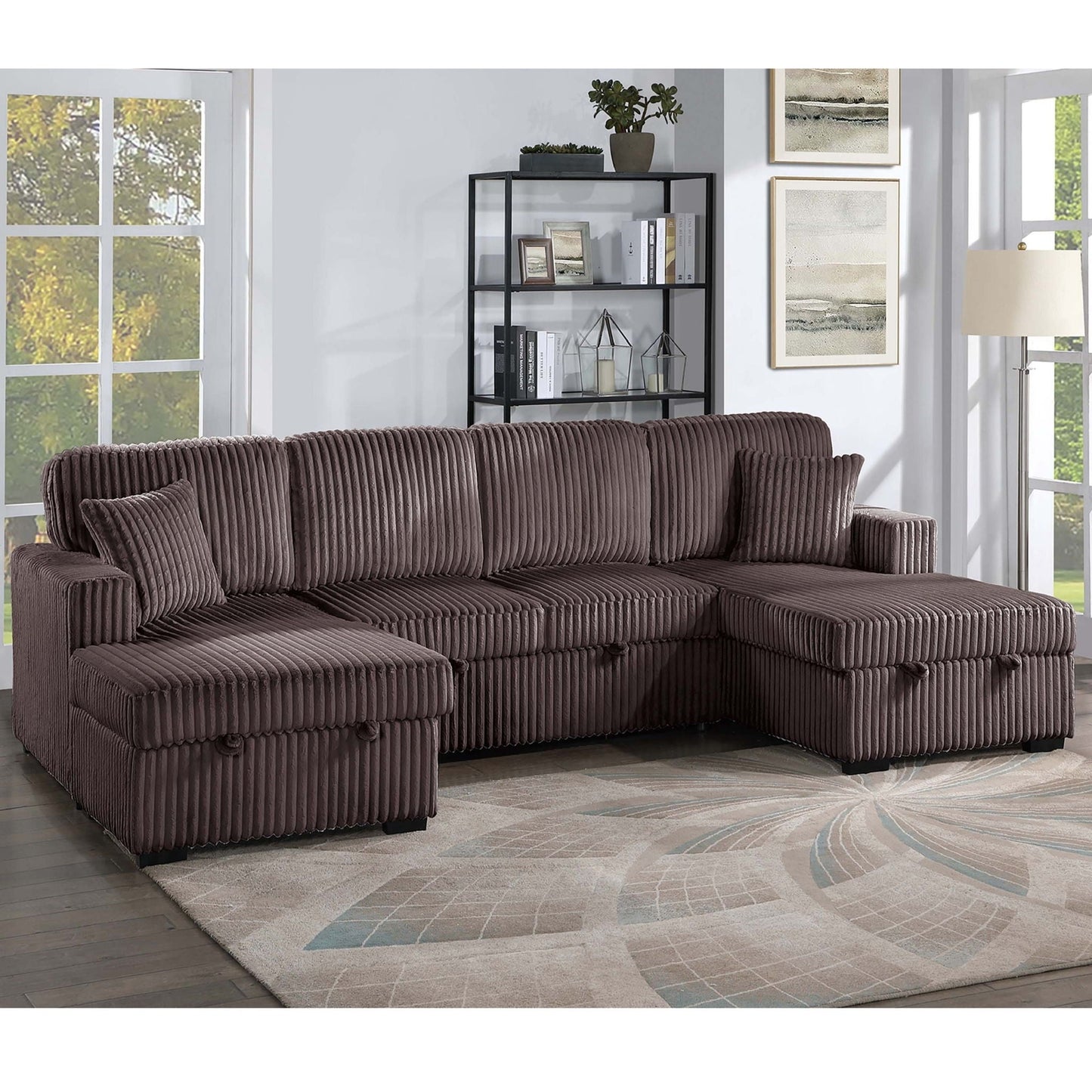 Convertible Sectional, Storage Chaises, Pull Out Middle Section - Chocolate Home Essentials