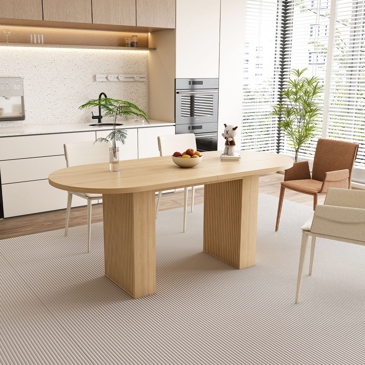 Oval Dining Table For 6 People With Wood Strip Base - Burly Wood Home Essentials