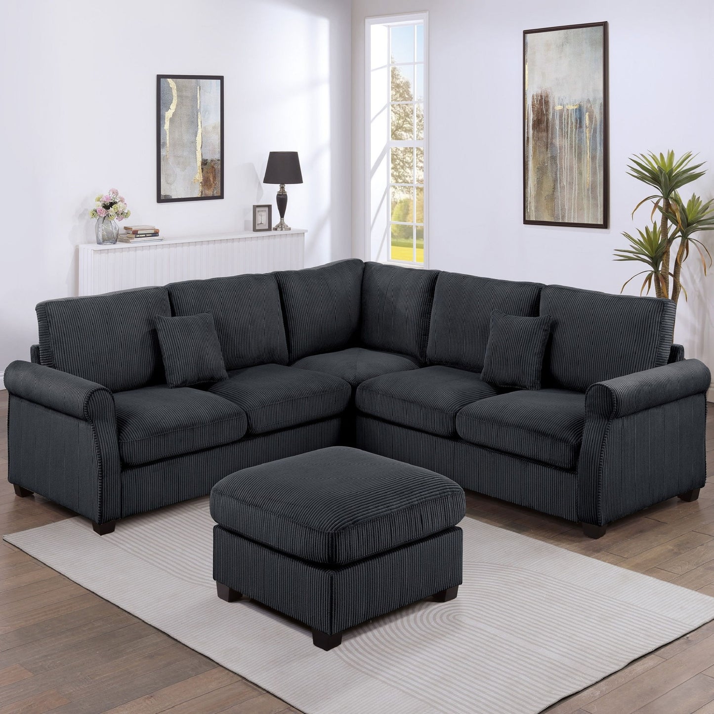 Modern Sectional Set With Corner Wedge, Loveseat, Ottoman & 2 Pillows Home Essentials