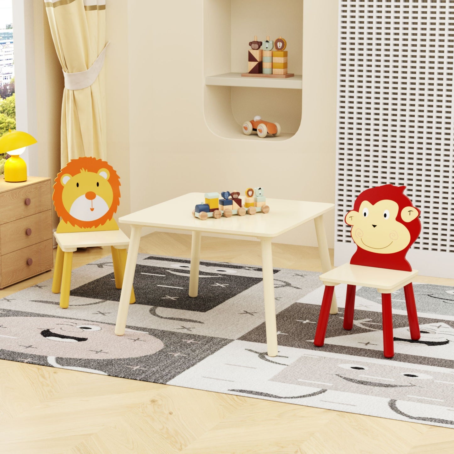 Kids Table And 2 Chairs Set, 3 Pieces Toddler Table And Chair Set, Wooden Activity Play Table Set (Lion&Monkey) - Natural Home Essentials