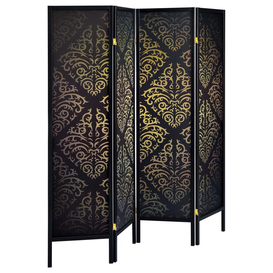 Haidera - 4-Panel Room Divider Folding Screen - Black Damask CoasterEveryday