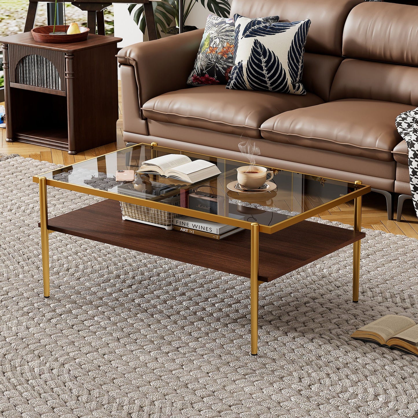 Rectangle Coffee Table With Tempered Glass Top And White Legs, Modern Table For Living Room Home Essentials
