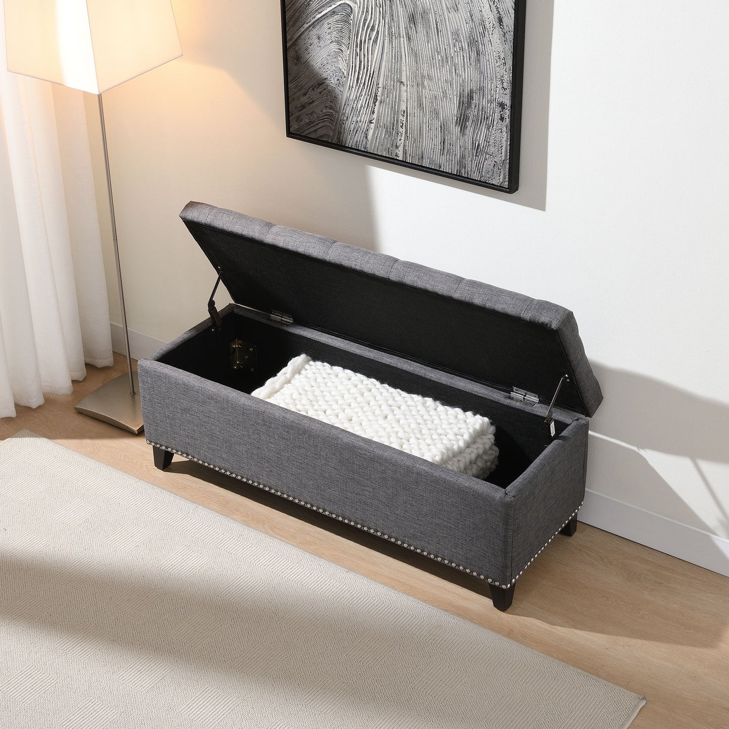 Button-Tufted Storage Ottoman With Safety Close Hinge Home Essentials
