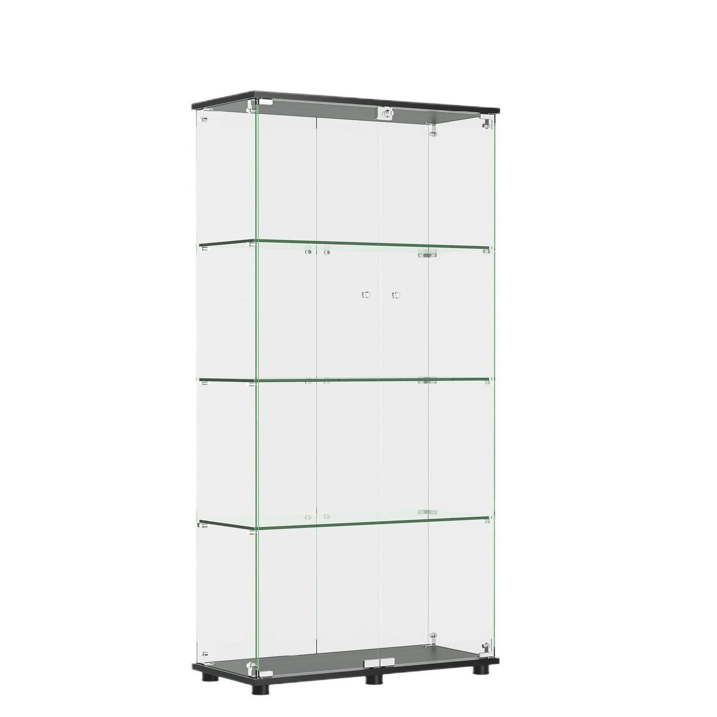 Modern Glass Display Cabinet With 4 Shelf Double Doors And Lock, Tempered Glass Bookshelf For Living Room - Black Home Essentials
