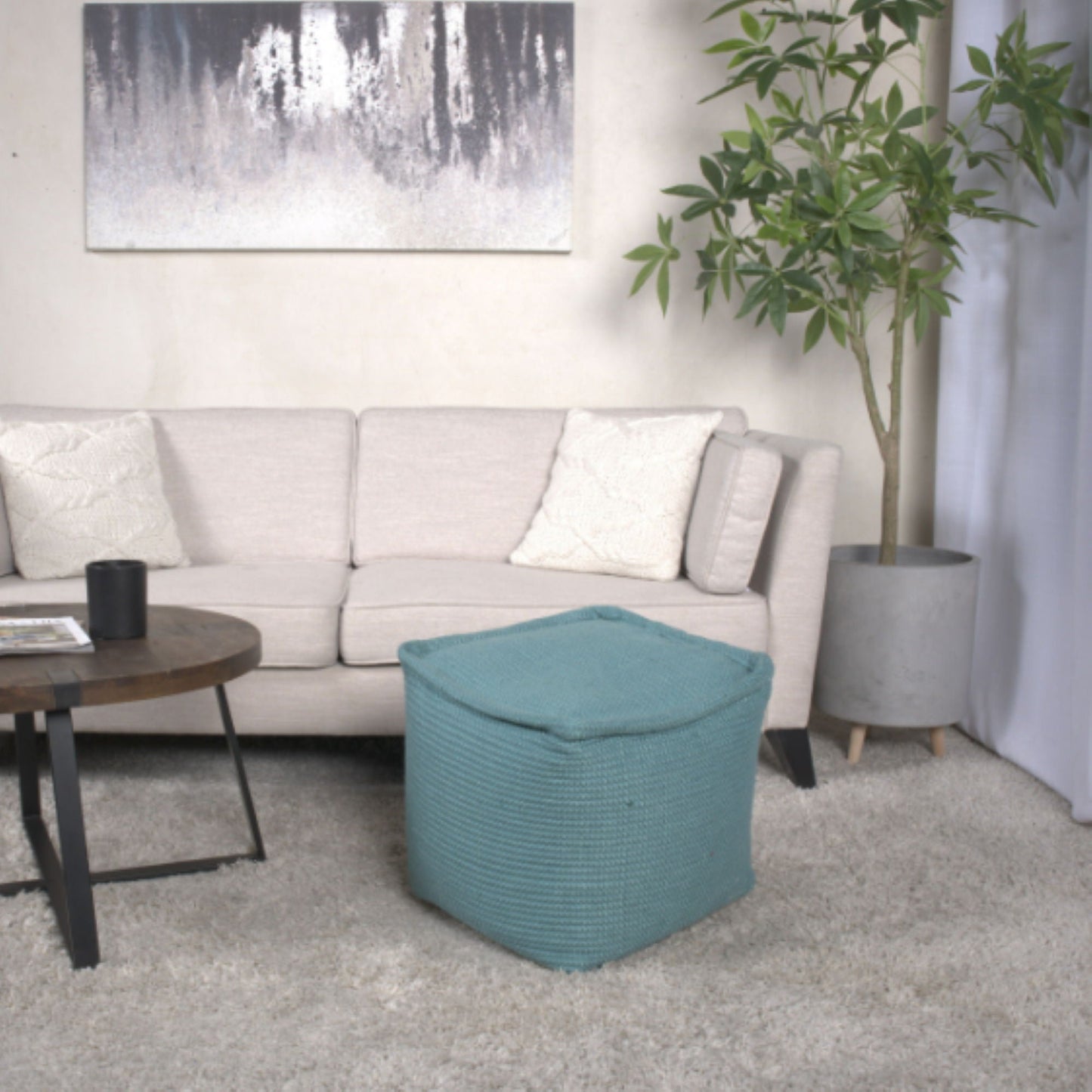 Hansolo - Yarn Square Pouf Ottoman Or Floor Cushion - Teal Home Essentials