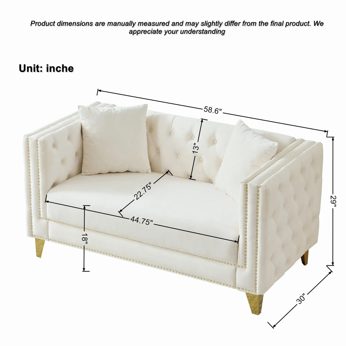 2 Seater Deep Seat Sofa With Button Nailhead, Square Arm Home Essentials