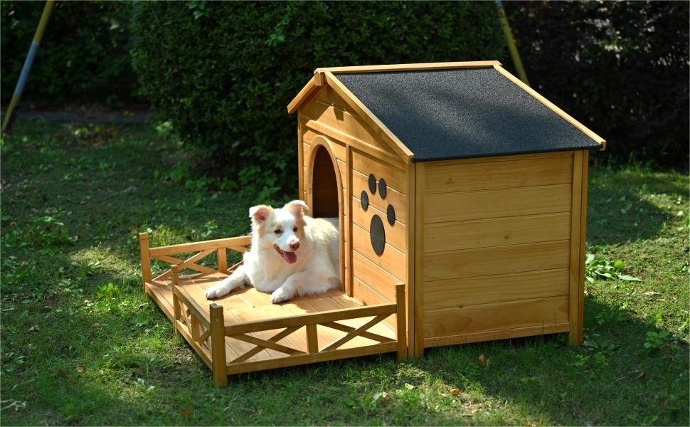 Wooden Dog House Outdoor With Porch, Dog Kennel With Water Resistant Asphalt Roof And Fencing, Indoor & Outdoor Dog Crate With Paw Print, Medium - Nature Daily Nest
