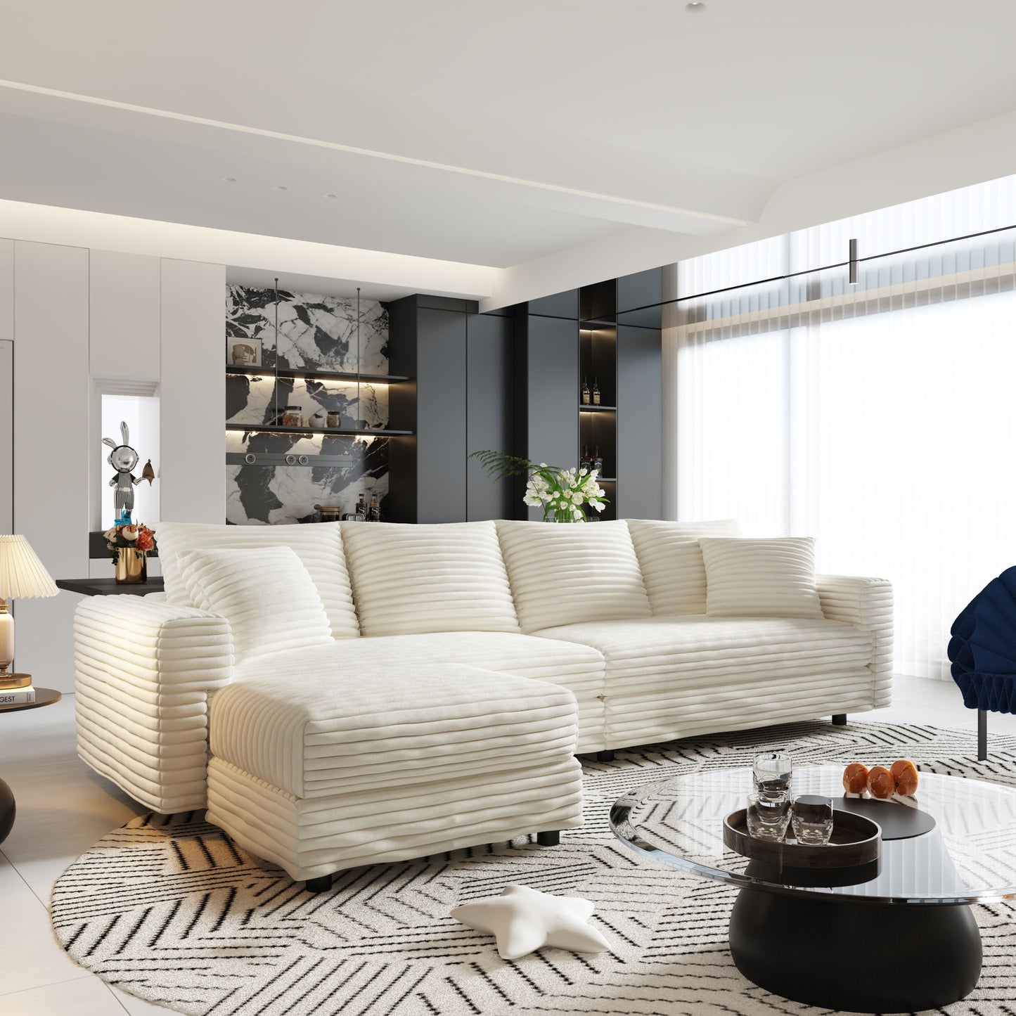 Plush Corduroy 4 Seat Sofa With Soft Pillows And Movable Ottoman Home Essentials