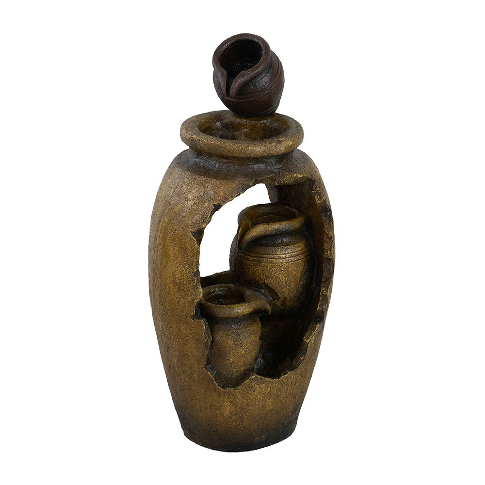 Traditional Rustic Decorative 3 Tier Water Fountain With Pot Design, With Light And Pump, For Indoor And Outdoor - Brown Daily Nest