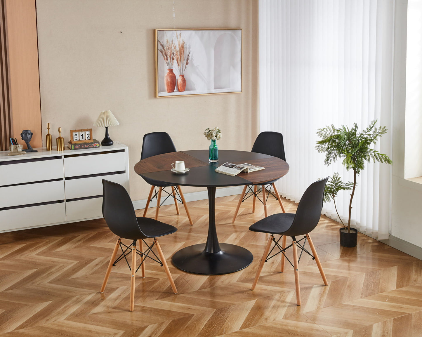 5 Pieces Dining Set, Table Metal Leg Mid-Century Dining Table For 4 - 6 People, Pedestal Dining Table, Table Leisure Coffee Table - Black Home Essentials