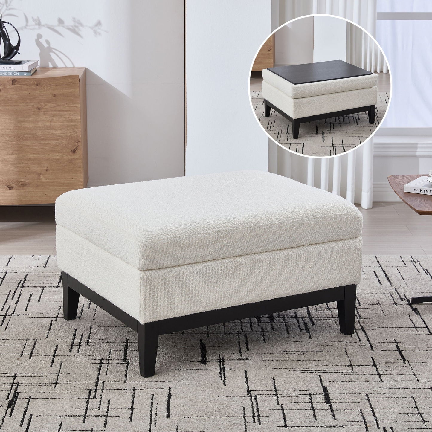 Upholstered Storage Ottoman With Reversible Lid Coffee Table With Rubberwood Legs Home Essentials