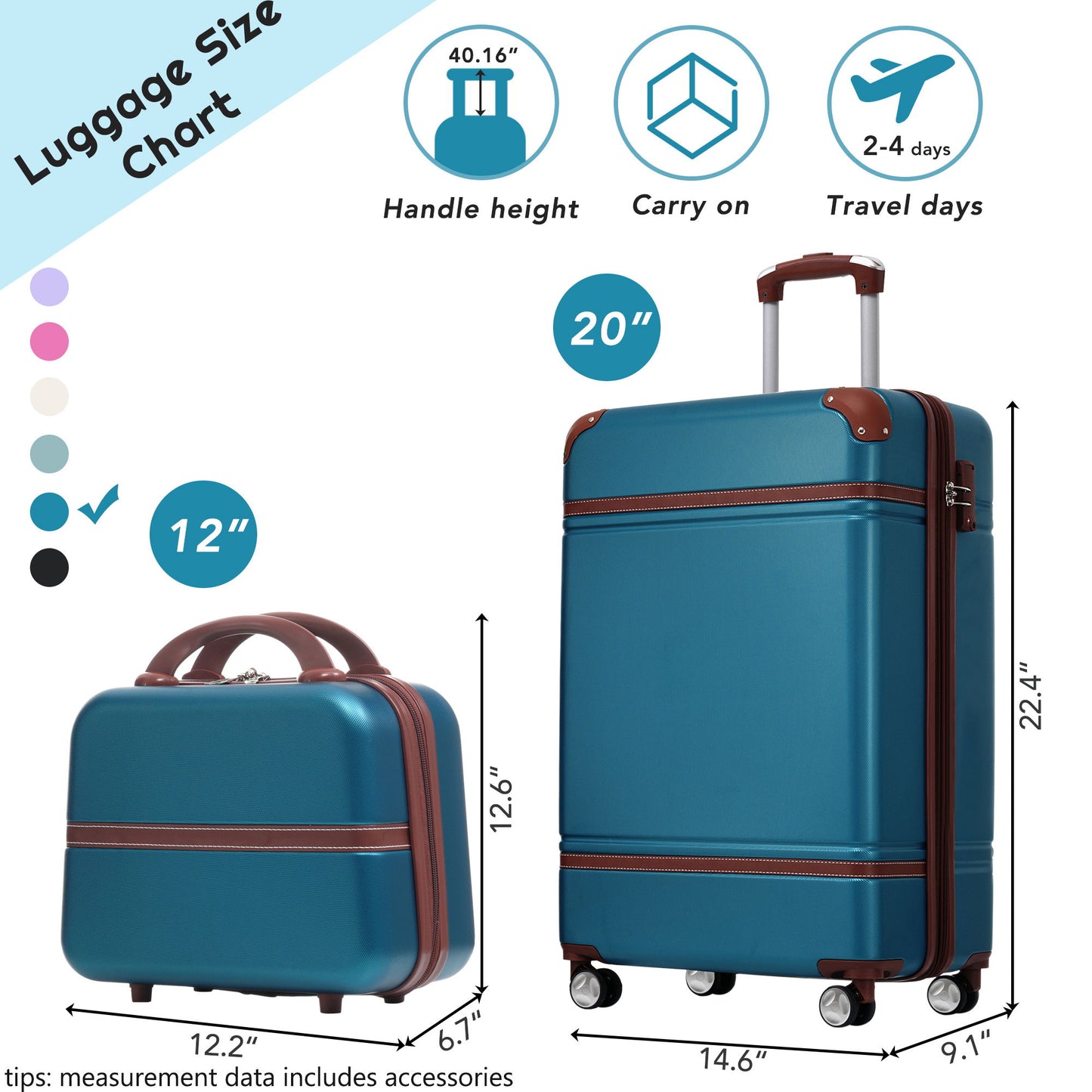 20" Hardside Luggage With Cosmetic Case, 2 Piece Lightweight Suitcase Set With Spinner Wheels, Carry On Vintage Luggage Daily Nest