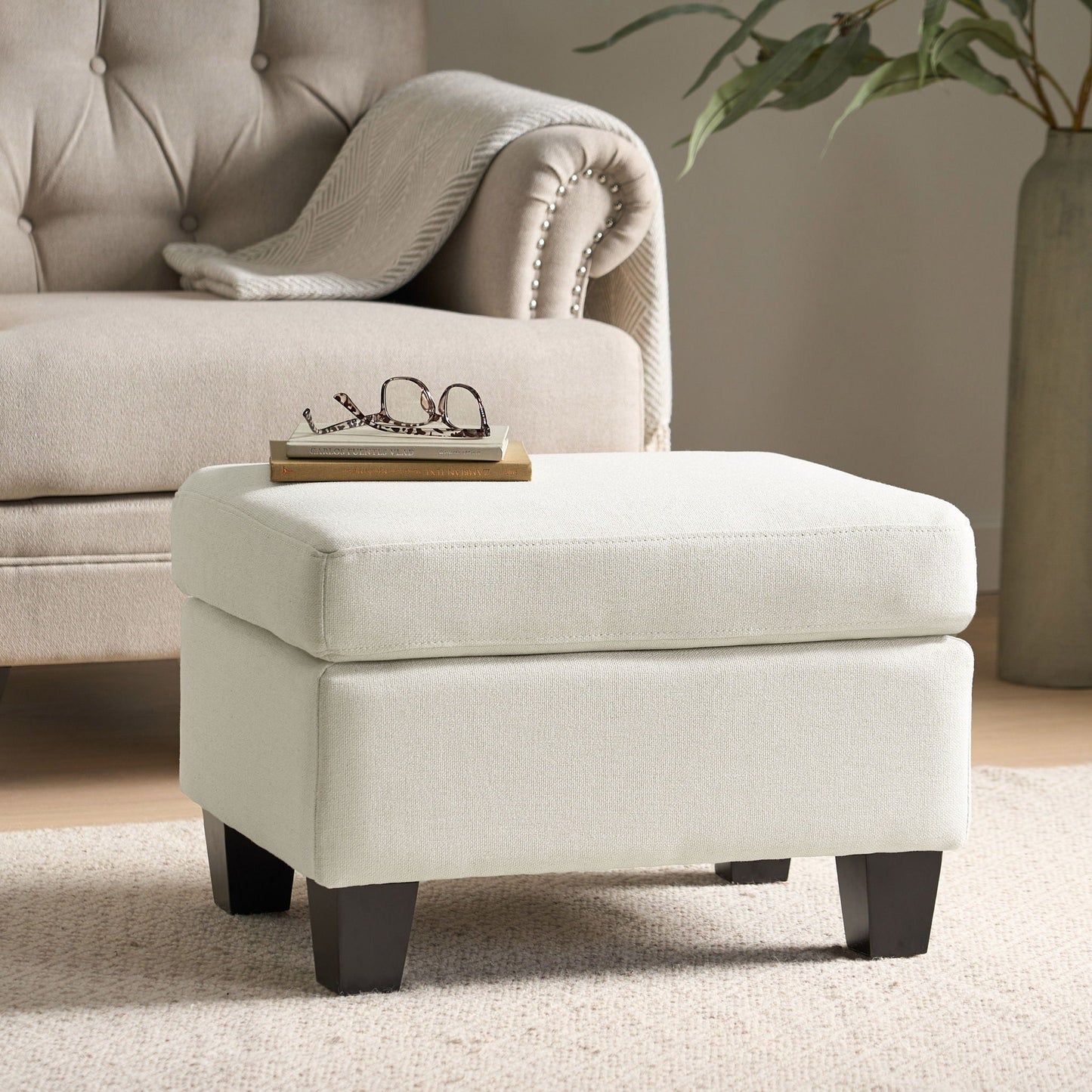 Springfield - Ottoman Contemporary Design Fabric Birch Wood Legs - Beige Noble House