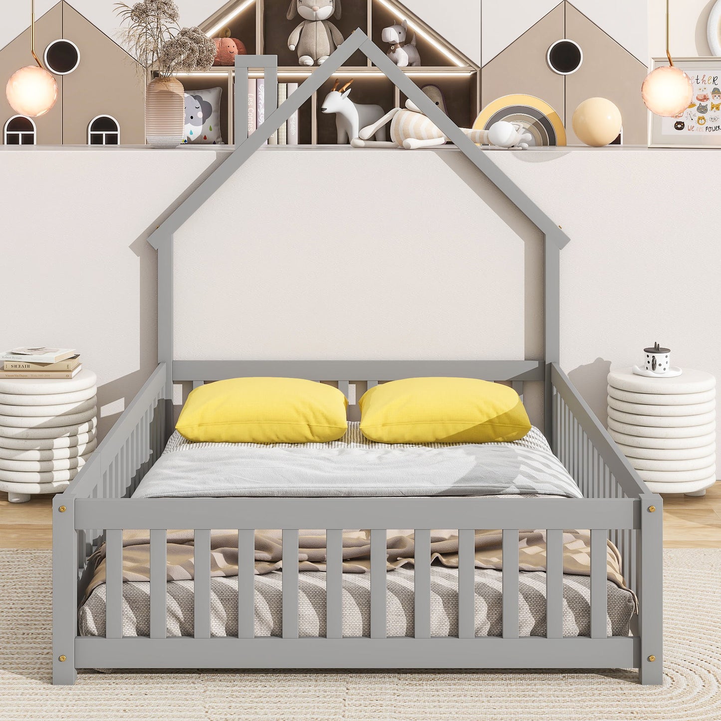 House-Shaped Headboard Floor Bed With Fence Home Essentials
