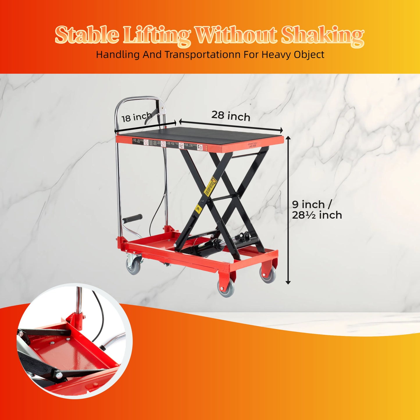 Hydraulic Lift Table Cart 500Lbs Load Red Single Scissor Lift With Non Slip Pads And Wheels - Red / Black Daily Nest