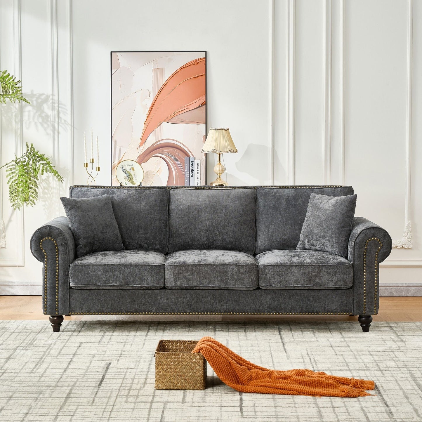 3 Seater Sofa With Tufted Upholstery, Rolled Arms, Nailhead Trim Home Essentials