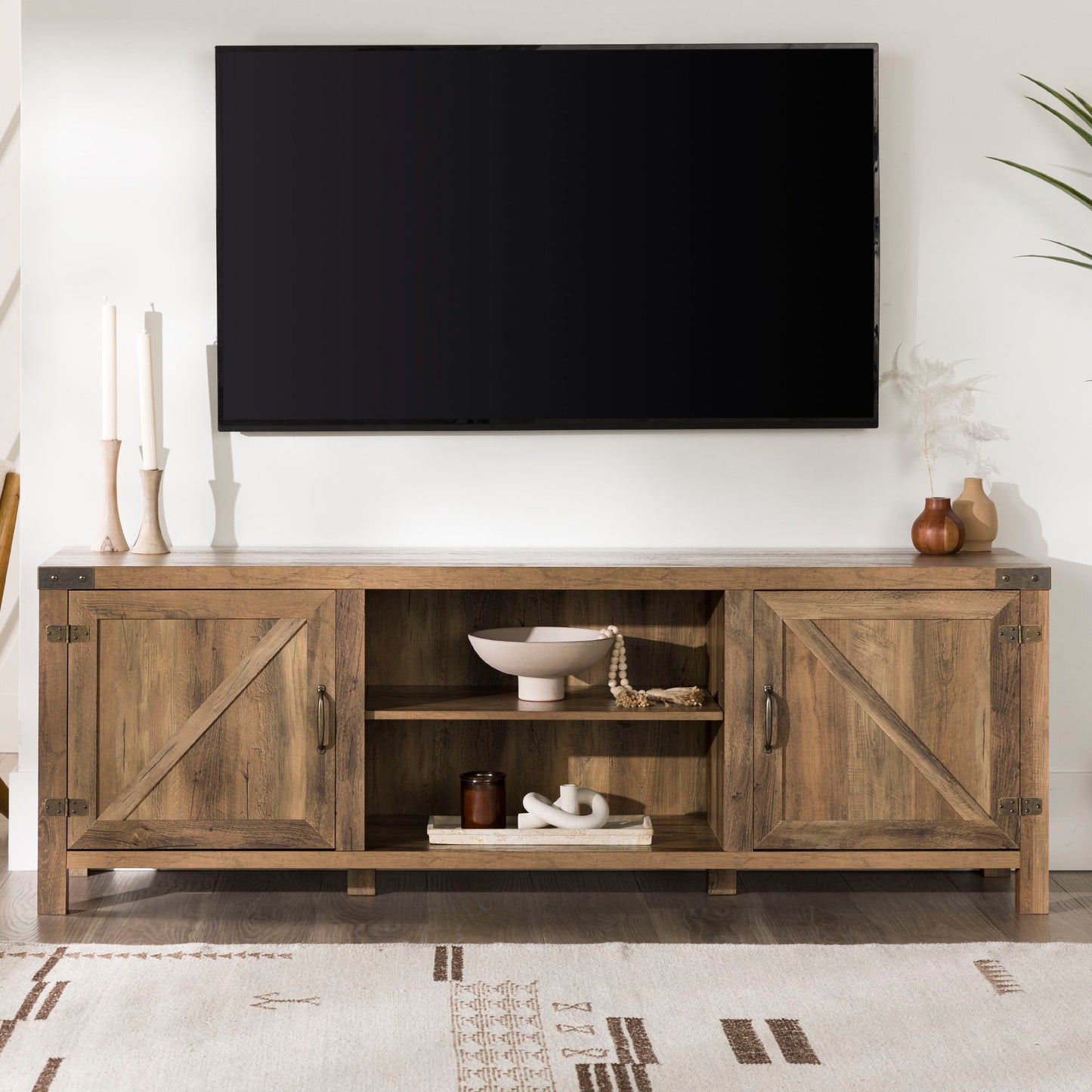 Rustic Farmhouse Double Barn Door 70" TV Stand For 80" TVs With Center Shelves Walker Edison