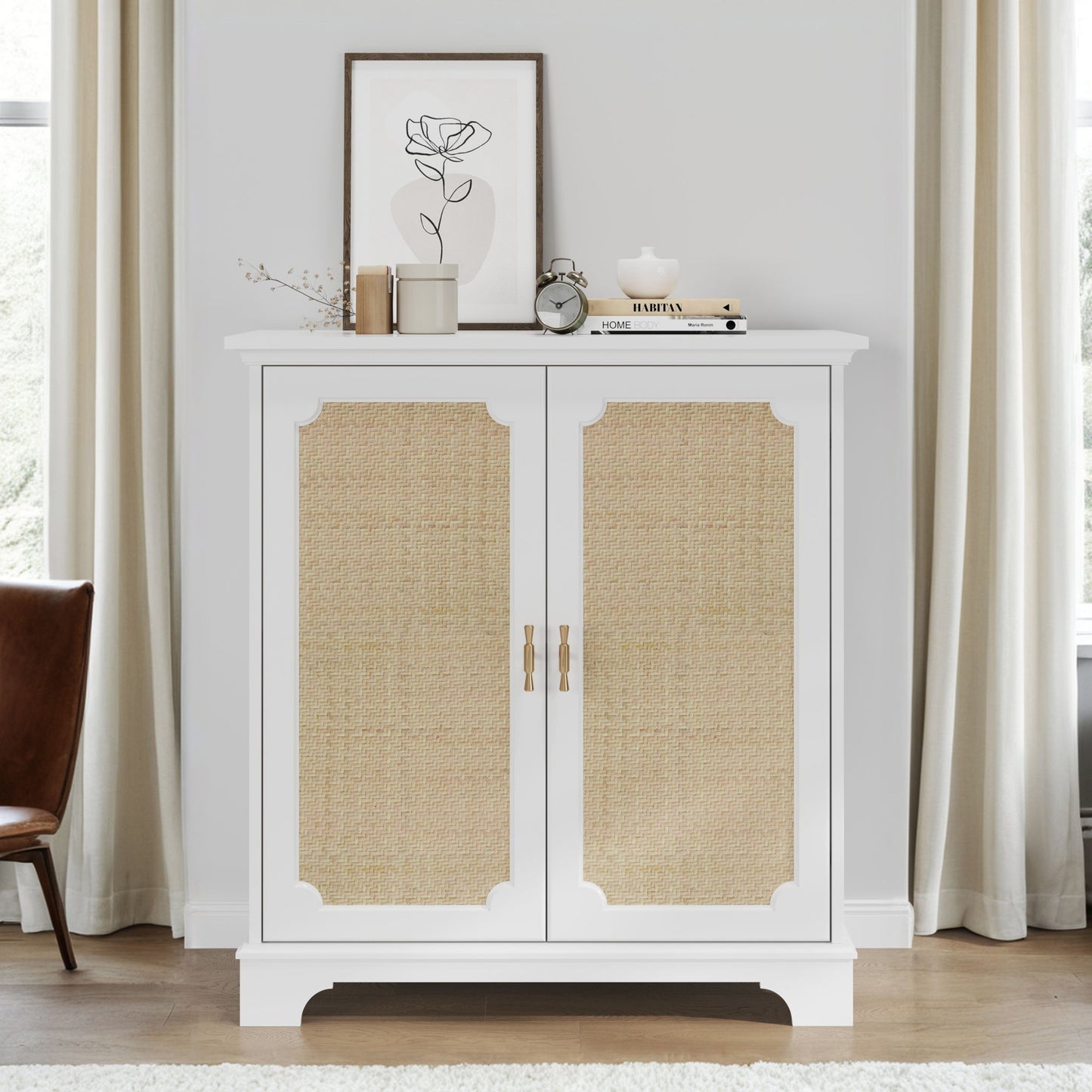 Rattan Decorated Sideboard Buffet Storage Liquor Cabinet - White Home Essentials