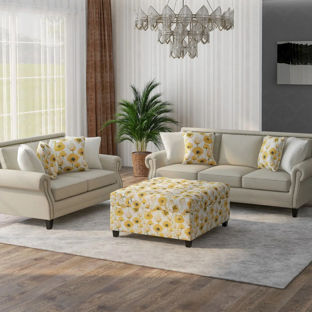 Floral Storage Ottoman With Traditional Design - Gold Emerald Home