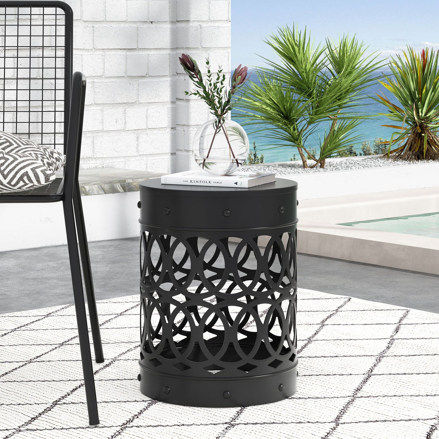 Outdoor Metal Large End Table, Modern Design Noble House