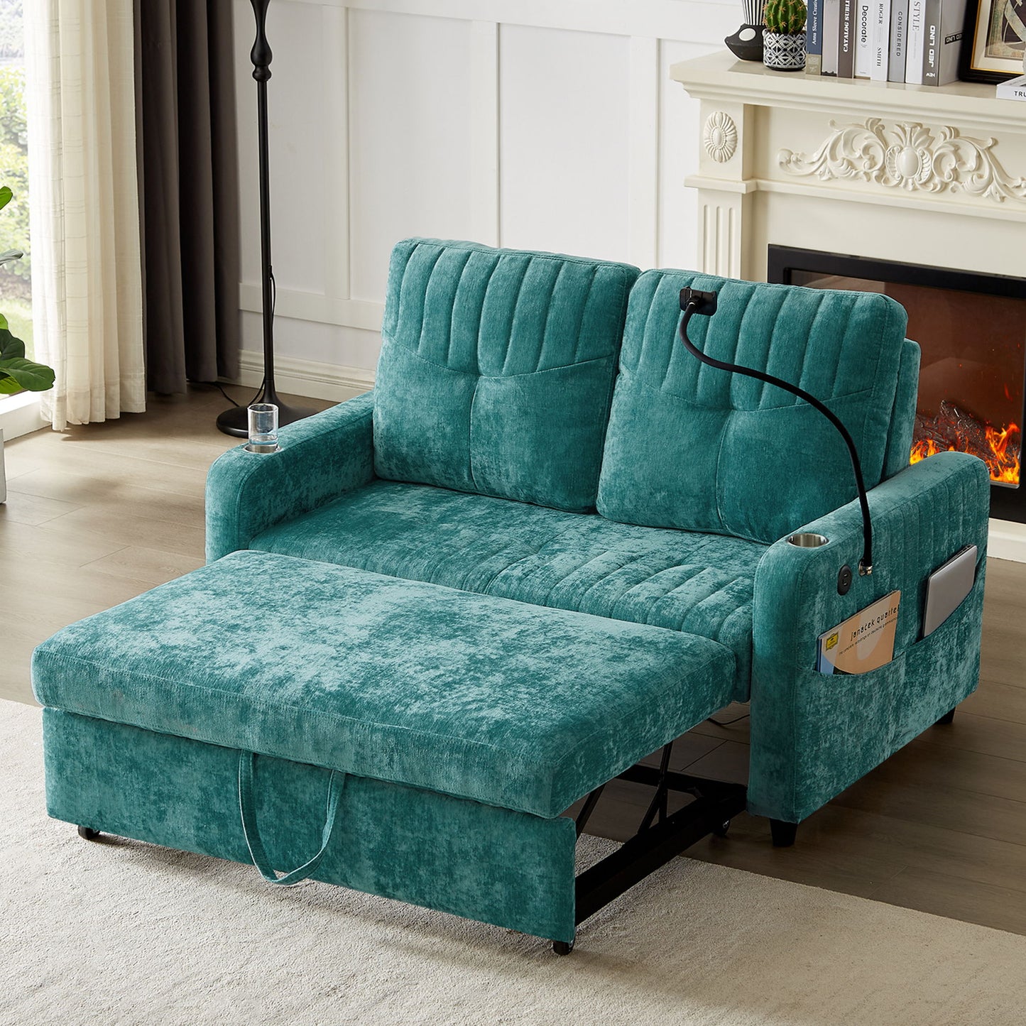 Modern Loveseat Pull Out Sofa Bed With Adjustable Backrest, Two Cup Holders, A Phone Holder, Three Charging Ports And Side Storage Pockets For Living Room Hearth and Haven