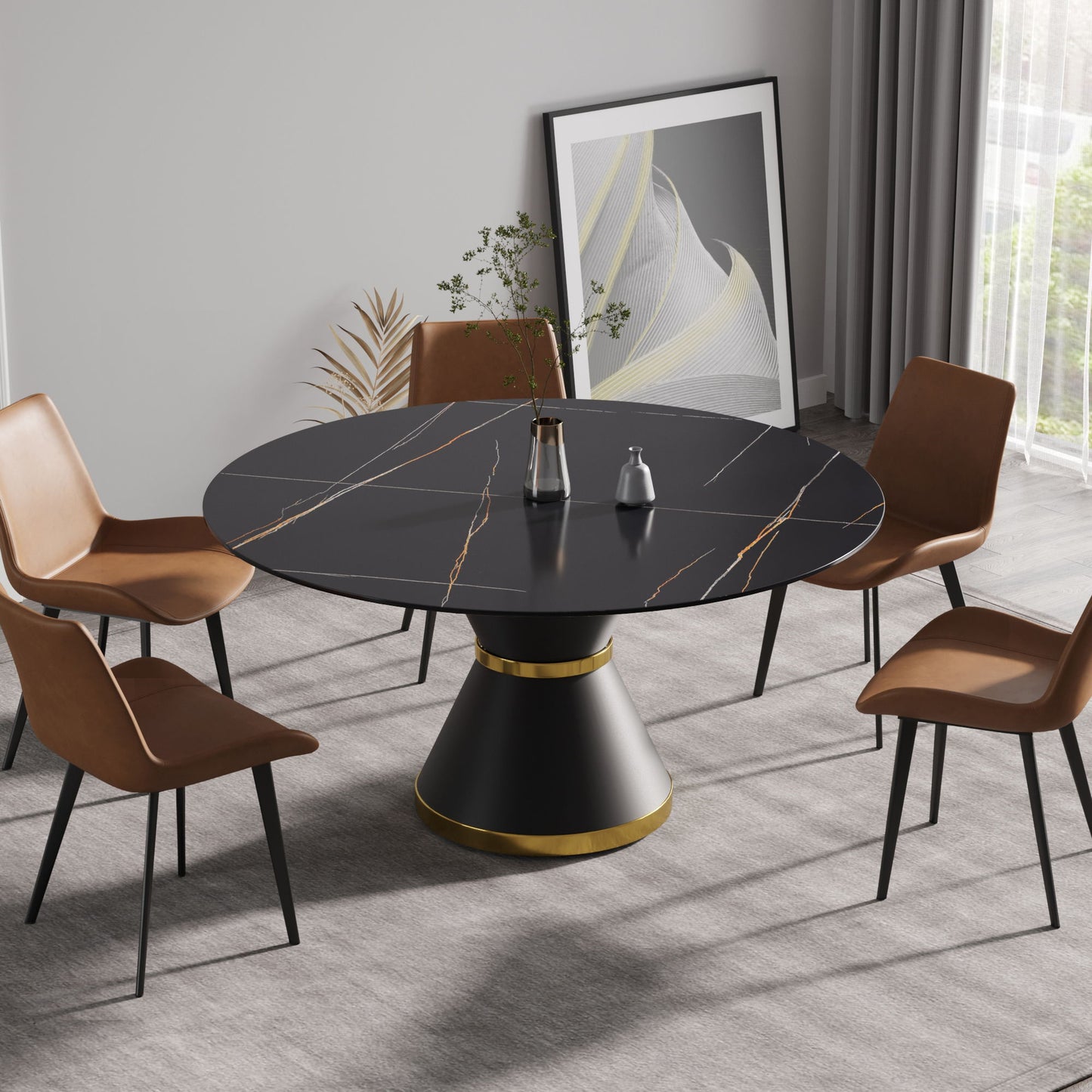 59.05" Modern Artificial Stone Round Black Carbon Steel Base Dining Table, Can Accommodate 6 People - Black Home Essentials