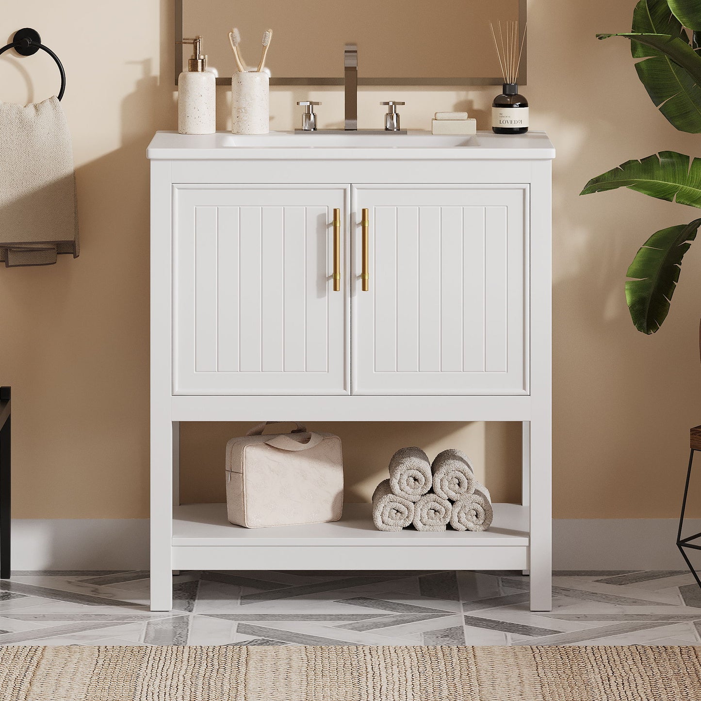Elegant Bathroom Vanity With Ceramic Sink And Versatile Storage Hearth and Haven