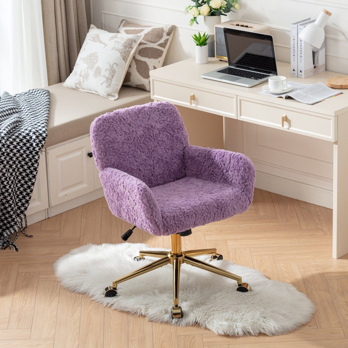 Office Chair, Artificial Rabbit Hair Home Office Chair With Golden Metal Base, Adjustable Desk Chair Swivel Office Chair, Vanity Chair Home Essentials