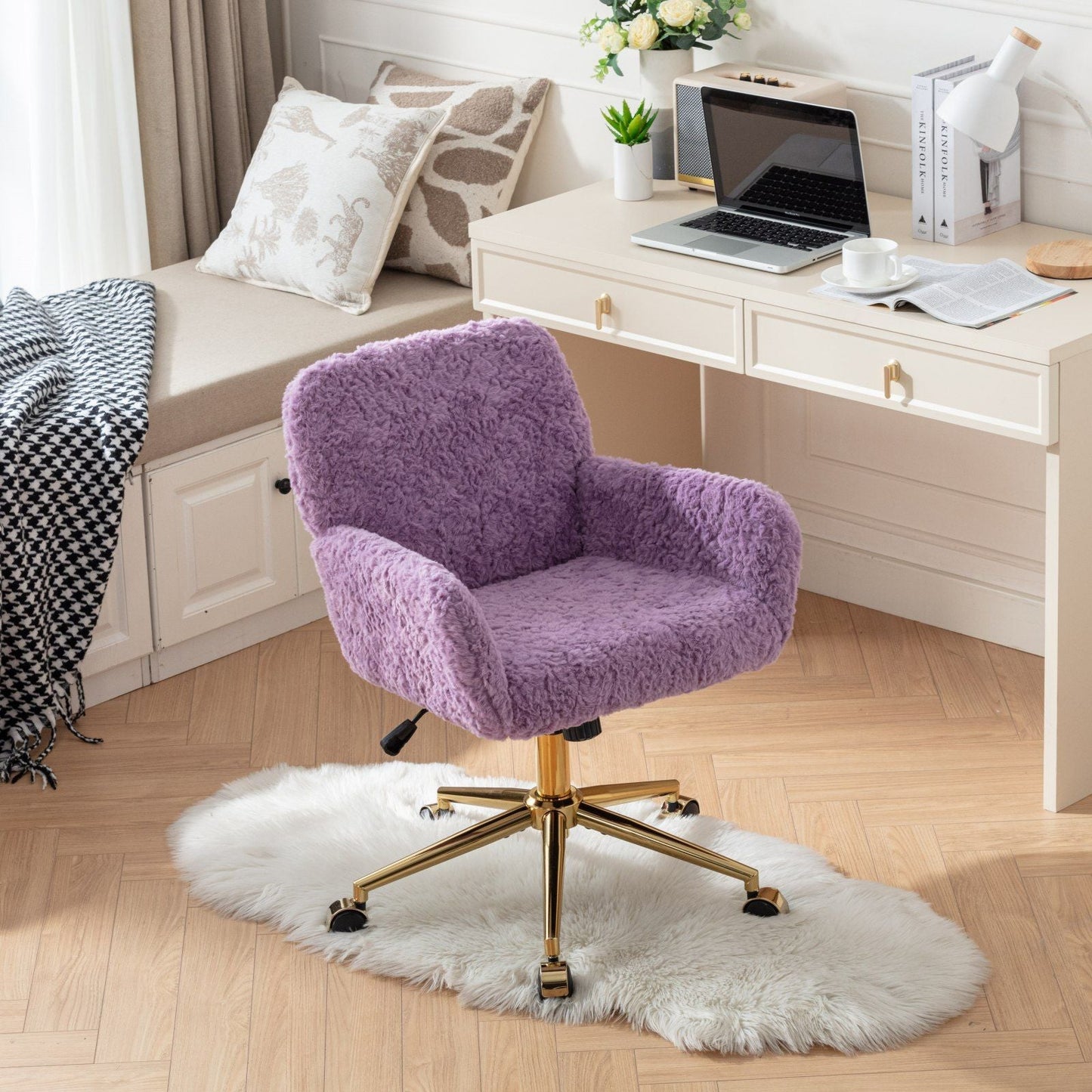 Office Chair, Artificial Rabbit Hair Home Office Chair With Metal Base, Adjustable Desk Chair Swivel Office Chair, Vanity Chair Home Essentials