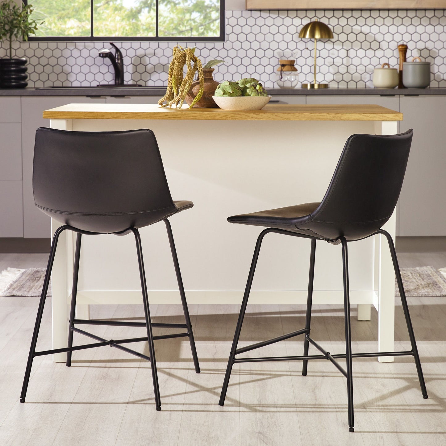 Modern Upholstered Counter Stool With Metal X Base (Set of 2) - Black Walker Edison