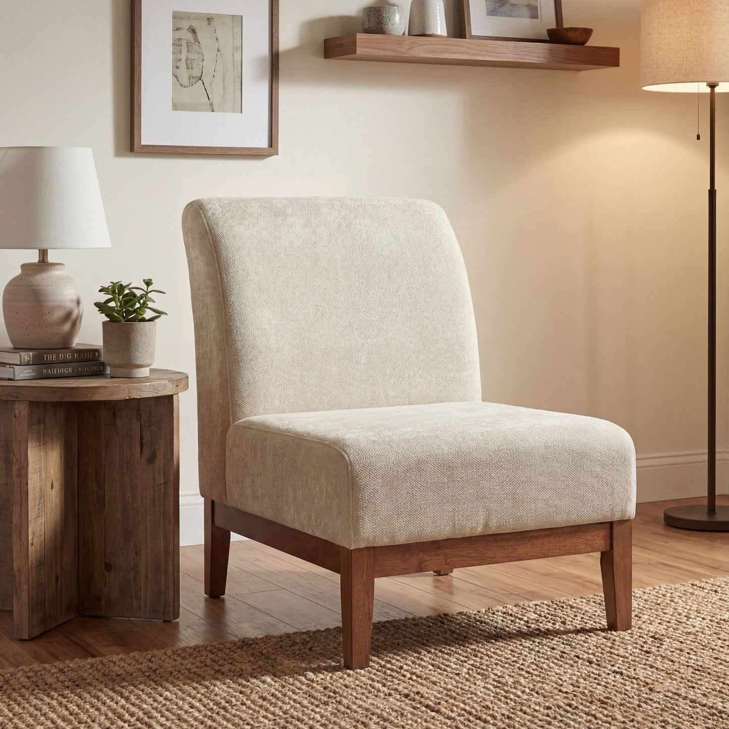 Upholstered Accent Chair - Beige / Walnut Noble House