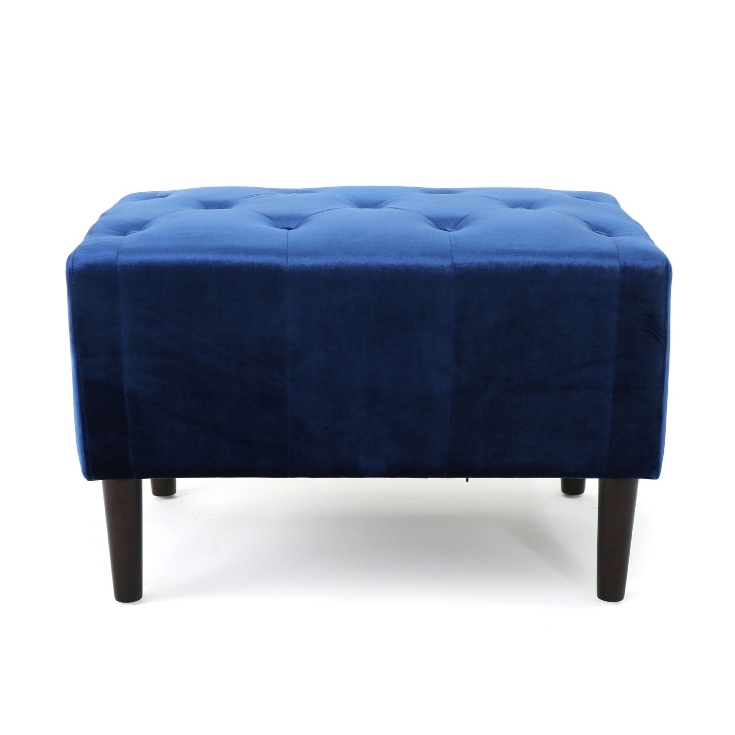 Mid Century Ottoman Velvet With Button Tufting With Birch Wood Legs - Navy Blue Noble House