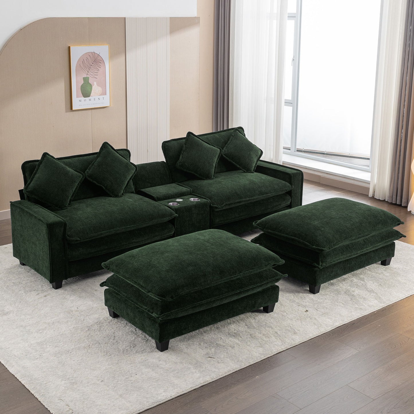 Sectional Sofa Chenille Upholstered Sofa With Two Removable Ottoman, Two USB Ports, Two Cup Holders And Large Storage Box For Living Room Hearth and Haven