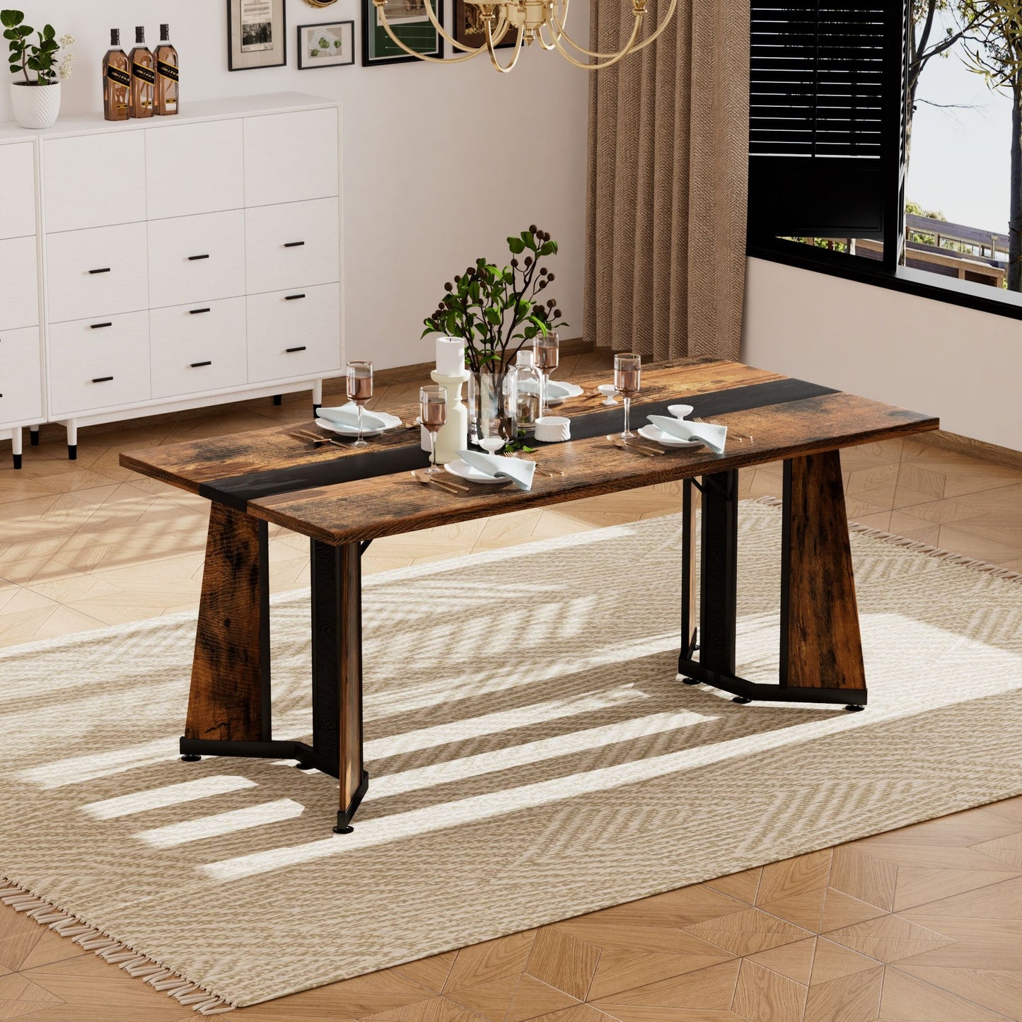 Rustic Rectangular Large Dining Table, Waterproof Desk For 8 People, & Steel With Adjustable Legs - Black / Rustic Brown Home Essentials