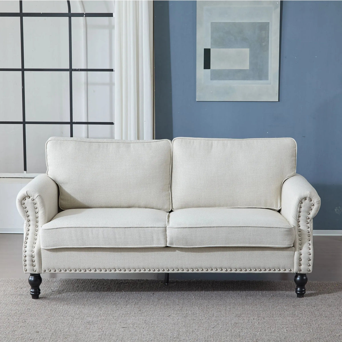 Rolled Arm Sofa With Nailhead Trim With Wooden Legs Home Essentials