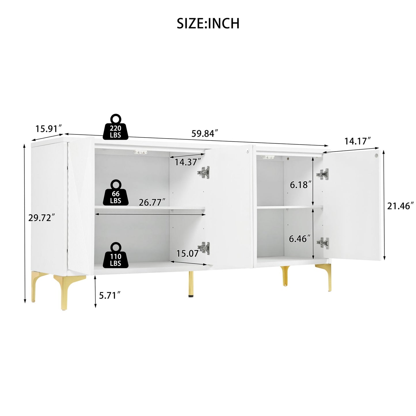 Modern Wood Sideboard Cabinet With Carved Door Panels, Adjustable Shelves, And Sturdy Metal Legs Home Essentials