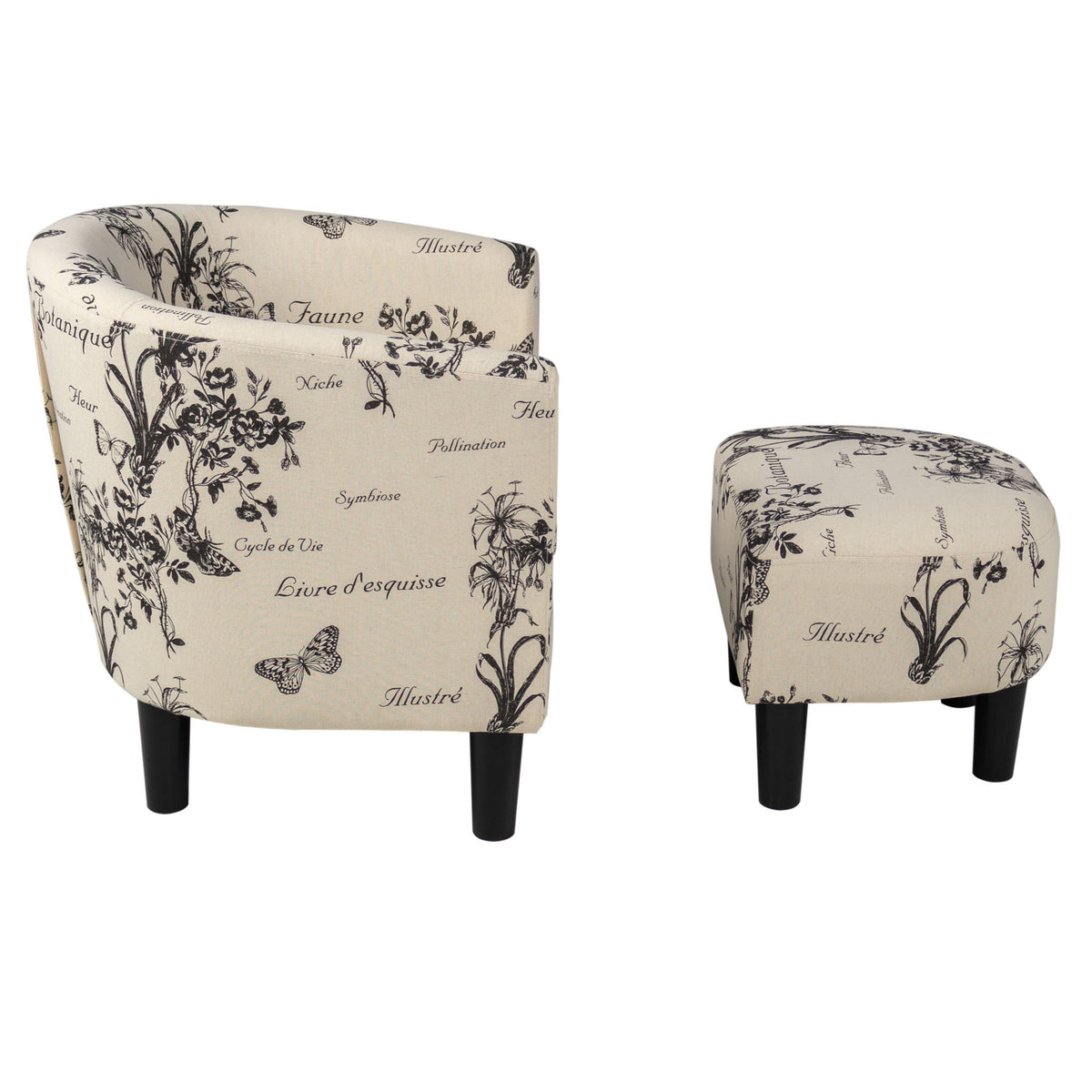 Accent Chair With Matching Ottoman Upholstered Round Backrest, Seating Set - Off White / White Home Essentials