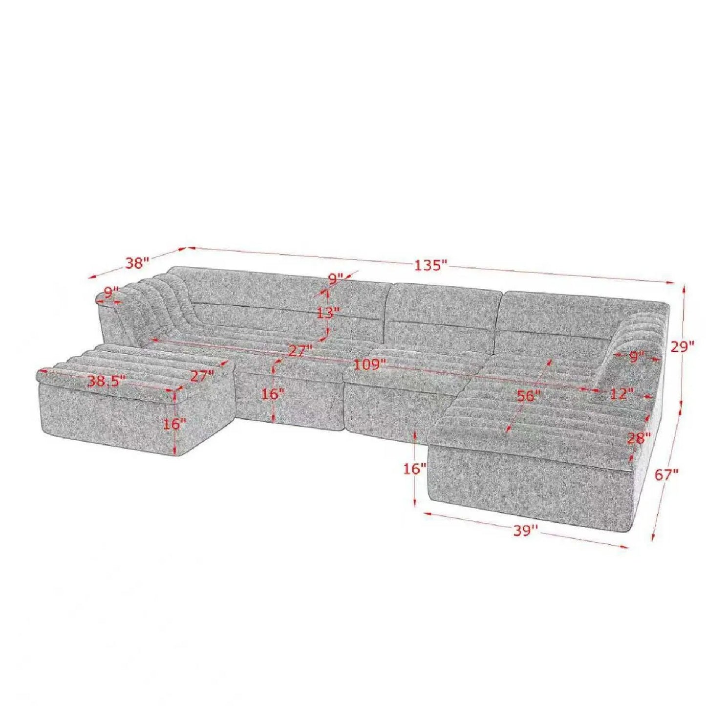 U-Shaped Modular Sectional Sofa With Chaise And Movable Ottoman With Wave-Shaped Armrest Home Essentials