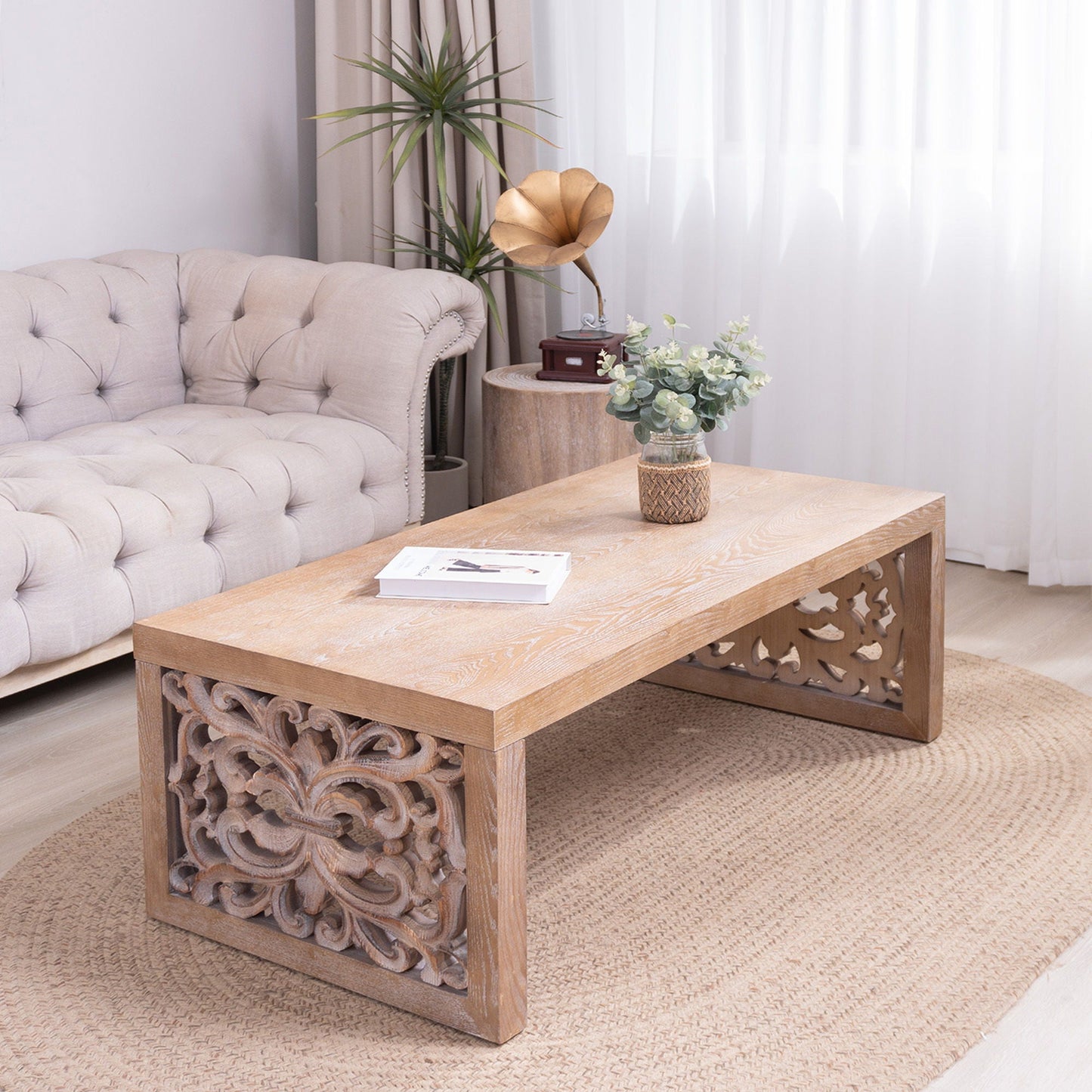 Rustic Carved Wood Coffee Table, Handcrafted Look With Ornate Side Panels Home Essentials