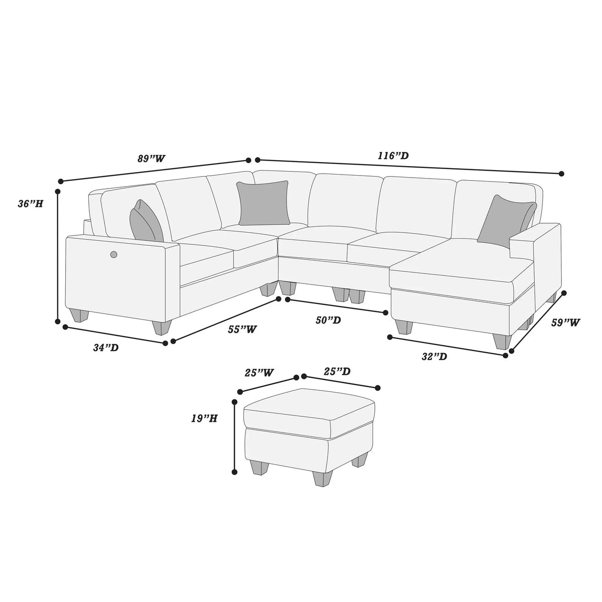5 Piece Sectional Set Left Arm Loveseat With USB Port Corner Wedge Ottoman Armless Chair Right Arm Loveseat With Chaise - Gray / Slate Home Essentials