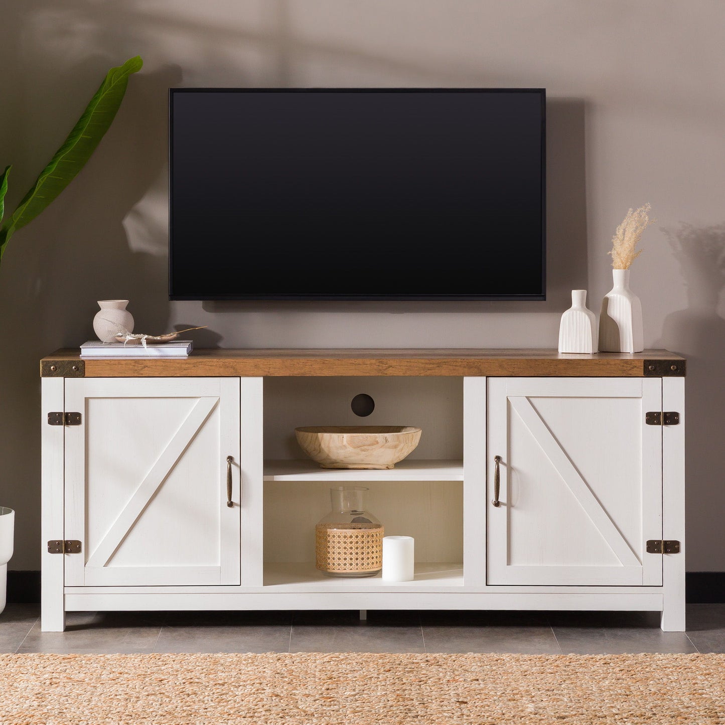 Modern Farmhouse Barn Door 3 Shelf TV Stand For TVs Up To 65” Walker Edison