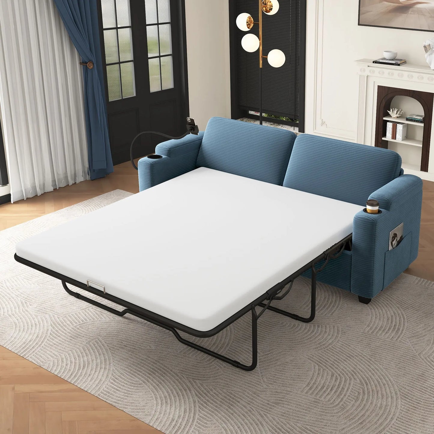 Sleeper Sofa Loveseat Sofa With Full Size Mattress, 2 USB Ports, 2 Cup Holders, 2 Side Pockets And Phone Holder Hearth and Haven