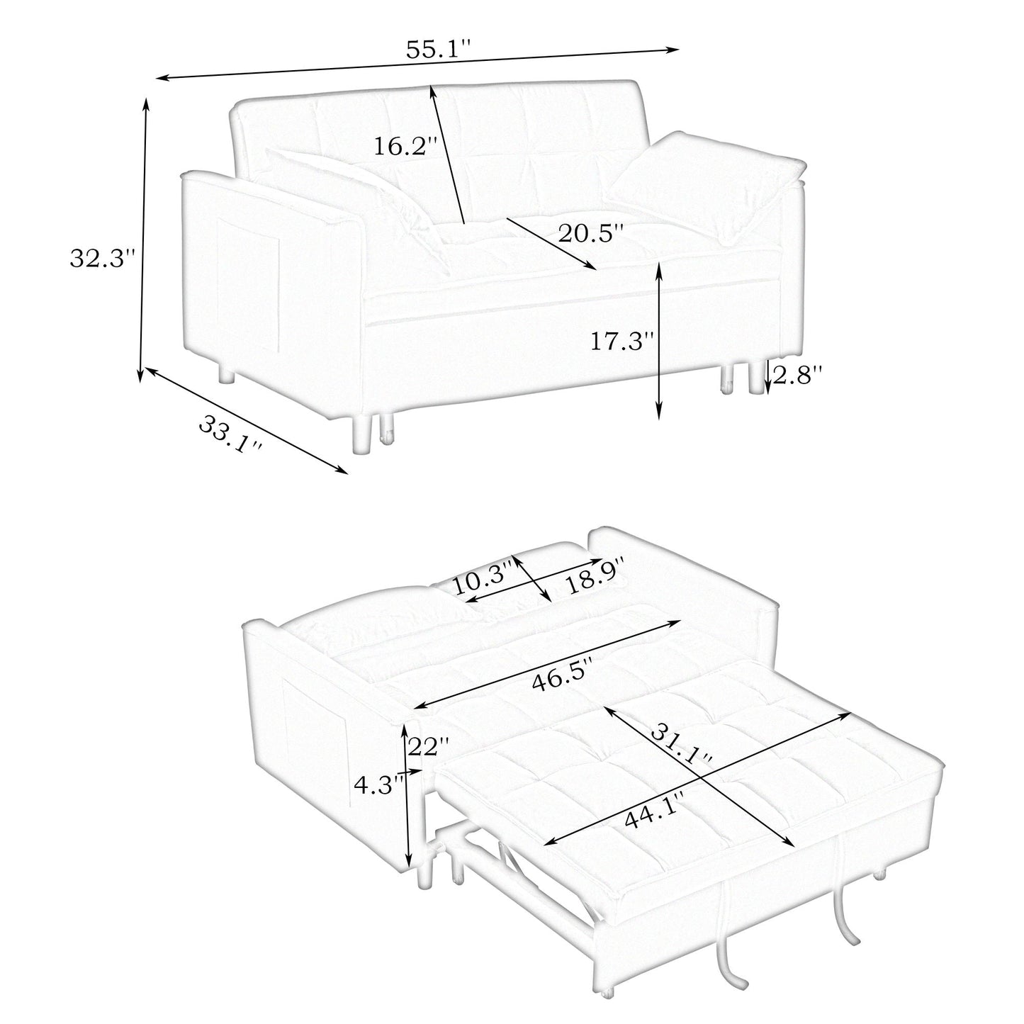 Sofa Bed With Pockets, 3 In 1 Convertible For Living Room Home Essentials